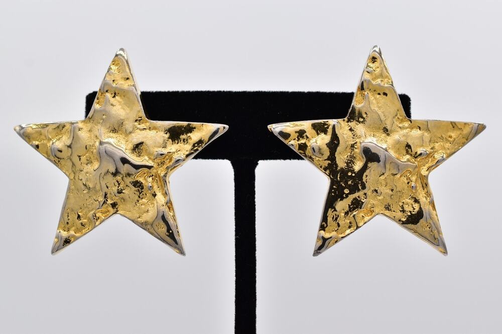 Vintage Star Clip On Earrings Shiny Pebbled Silver Gold Chunky 1980s BinAI